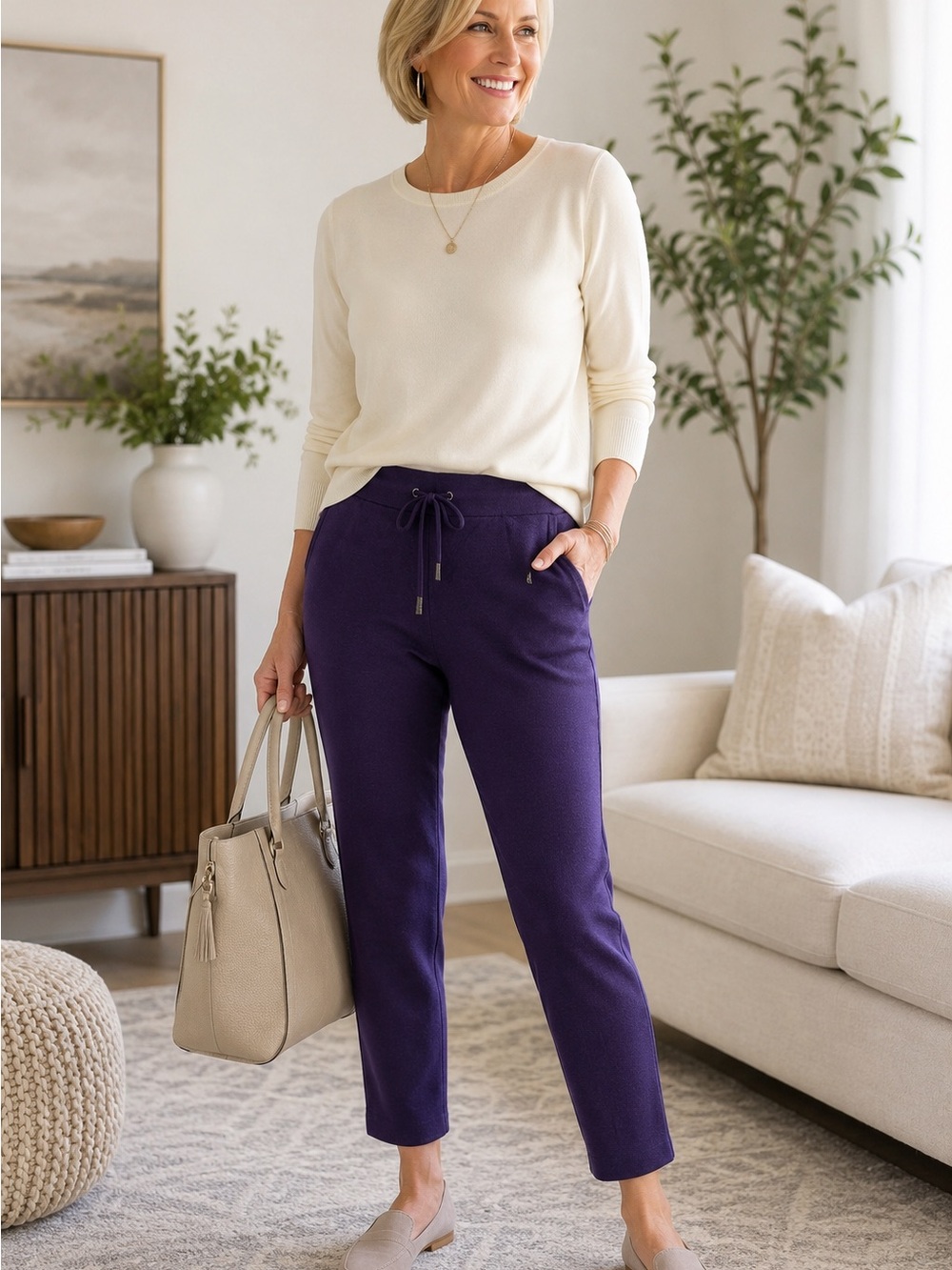 Chico’s Zenergy Luxe Purple Elixir Tapered Ankle Pants Drawstring Knit 2R Large